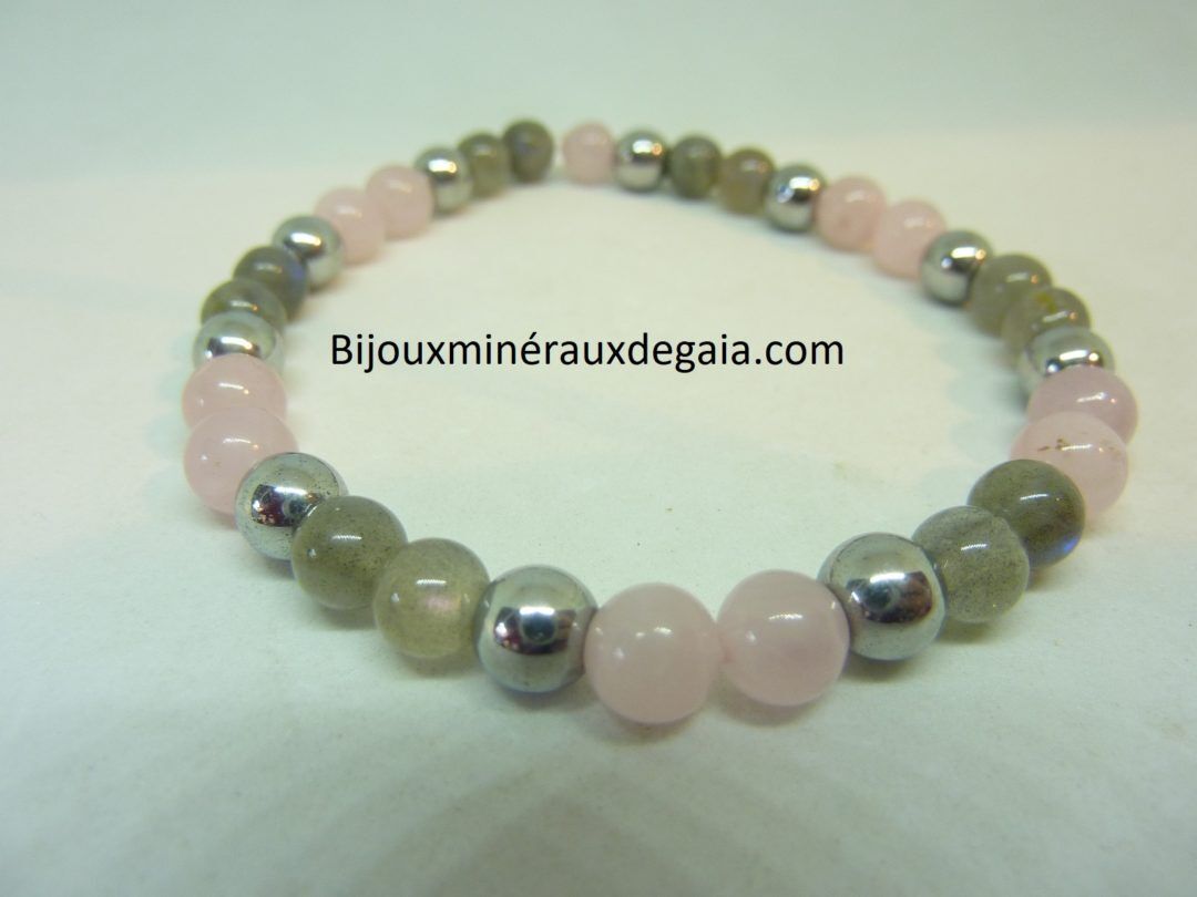 Bracelet Labradorite-hématite-quartz rose perles rondes 6 mm