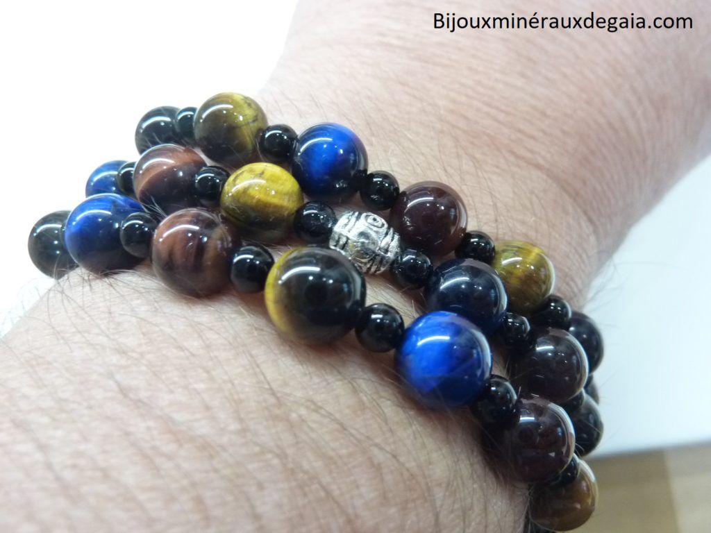 COLLIER OEIL DE TIGRE-FAUCON-TAUREAU-TOURMALINE NOIRE