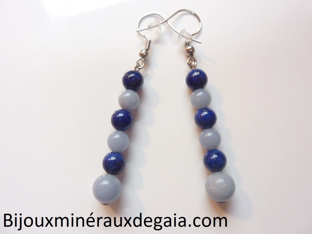BOUCLES D'OREILLES LAPIS LAZULI,ANGELITE PERLES RONDES 8-6 MM