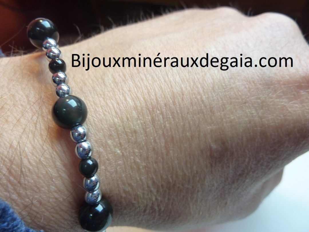Bracelet obsidienne oeil céleste-Hématite perles rondes 8-4 mm