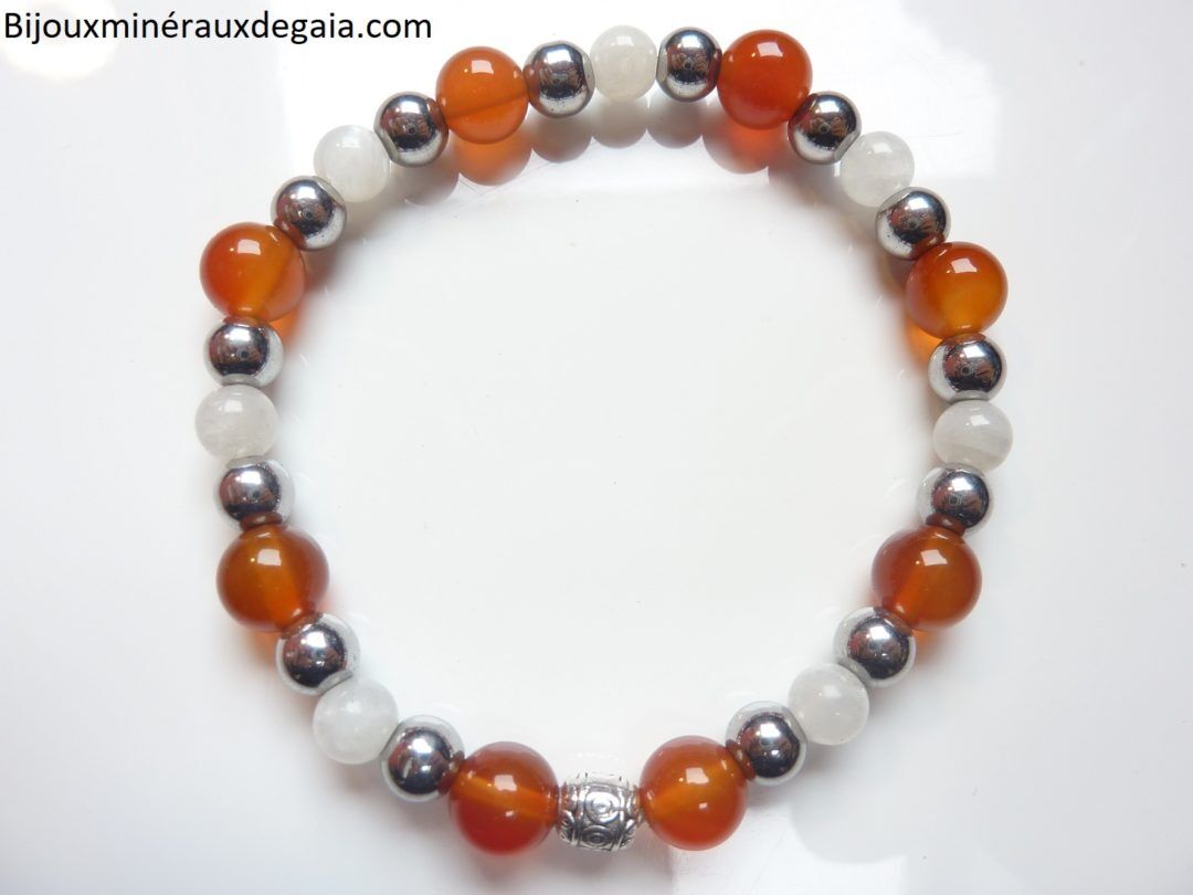 Bracelet Pierre de lune-Cornaline-Hématite: perles rondes 8-6 mm