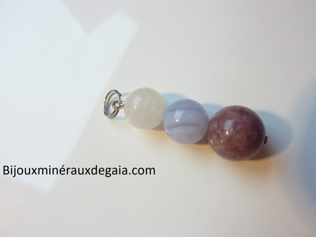 Pendentif Lépidolite-Pierre de lune-calcédoine bleue anti-stress
