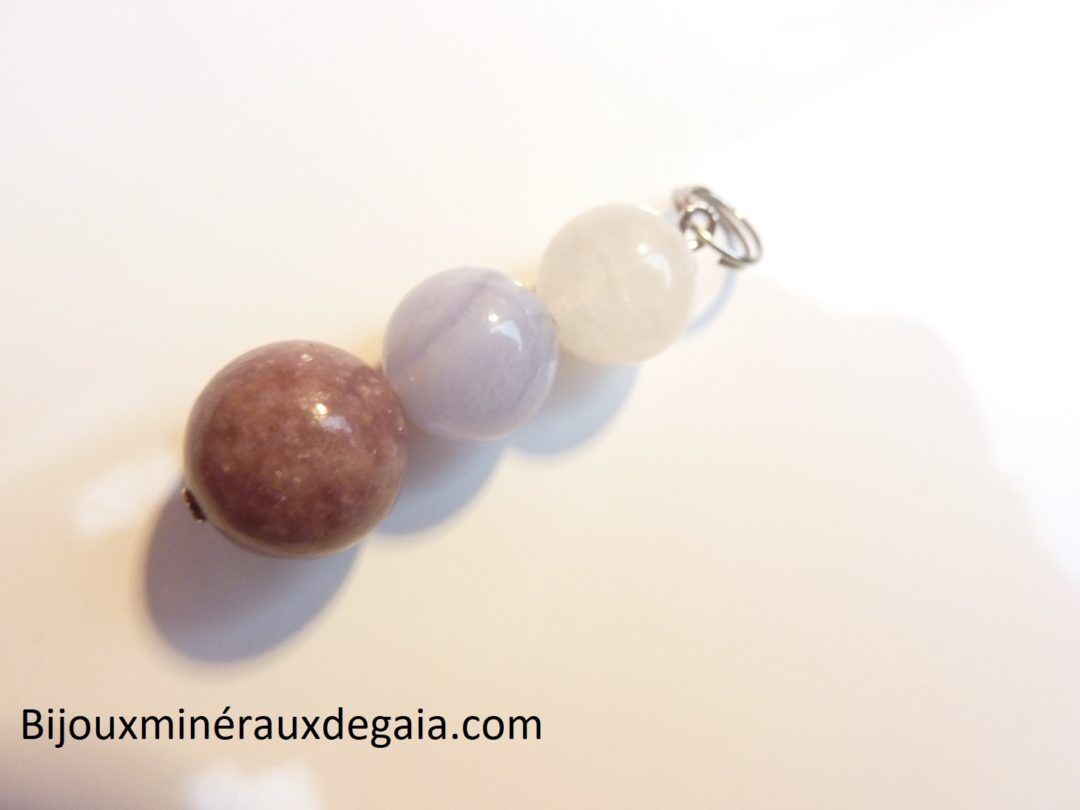 Pendentif Lépidolite-Pierre de lune-calcédoine bleue anti-stress