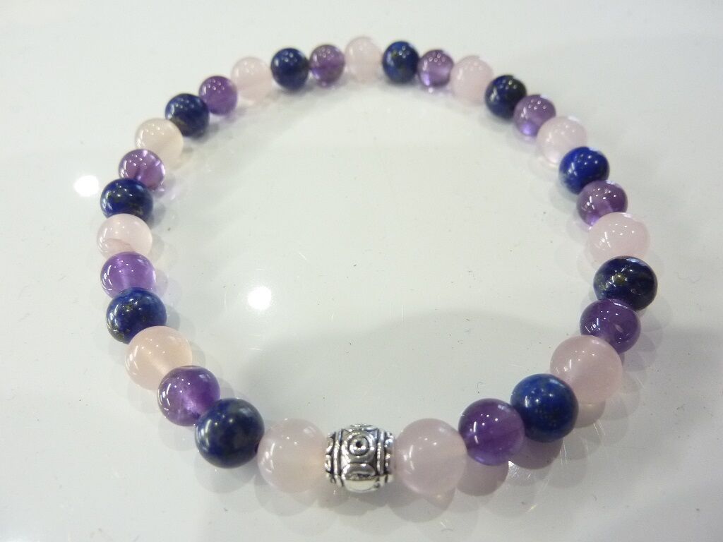 Bracelet Améthyste-Lapis lazuli-Quartz rose perles rondes 6 mm