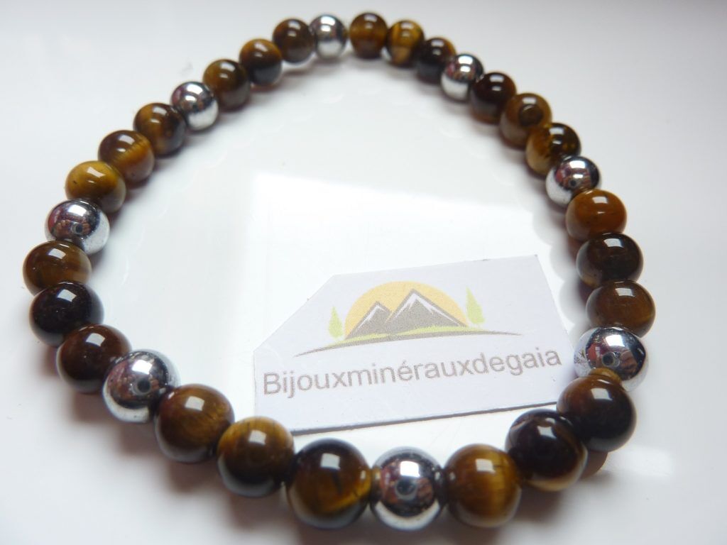 Bracelet Hématite-Oeil de tigre perles rondes 6 mm