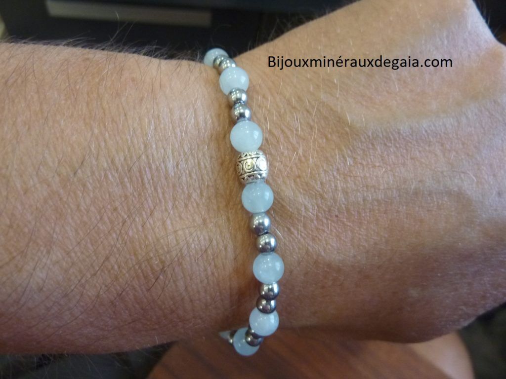 Bracelet aigue marine-hématite - Perles rondes 6-4 mm