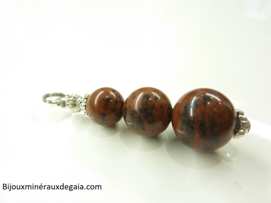 Pendentif obsidienne Acajou perles 12-10-8 mm