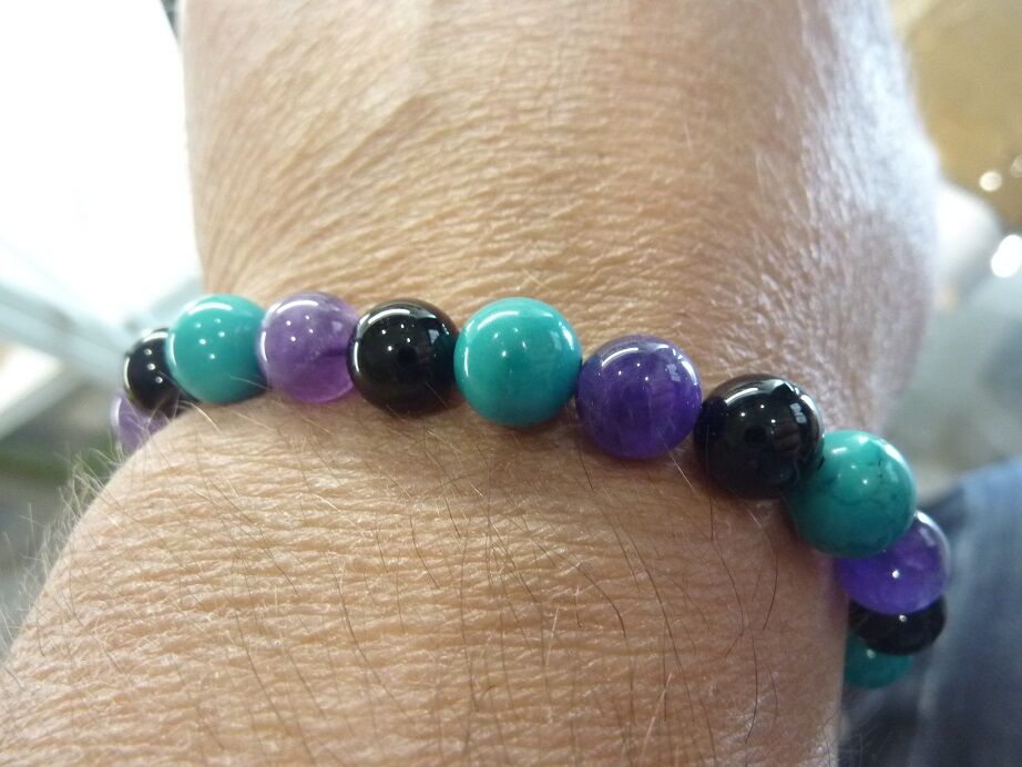 Bracelet Spinelle noir-Améthyste-Turquoise - Perles 8 mm