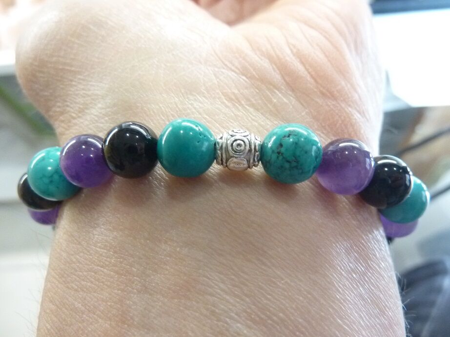 Bracelet Spinelle noir-Améthyste-Turquoise - Perles 8 mm