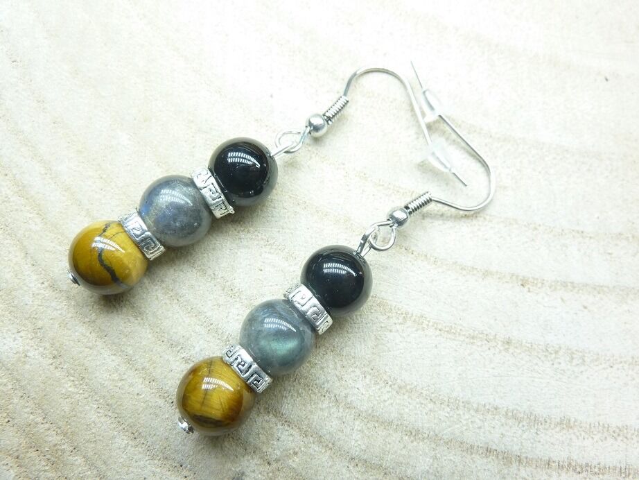 Boucles d'oreilles Oeil de tigre-Labradorite-Tourmaline noire 8 mm