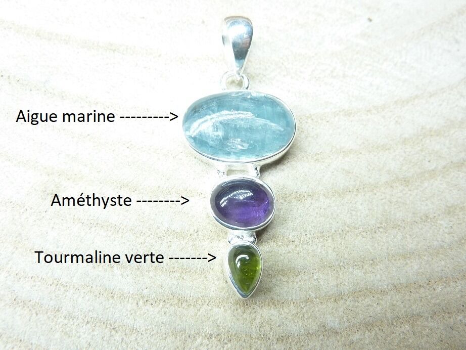 Pendentif Aigue marine-Tourmaline verte-Améthyste argent 925 Ref 3328