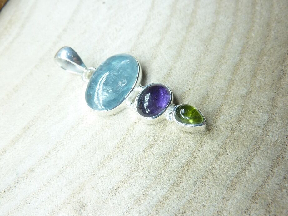 Pendentif Aigue marine-Tourmaline verte-Améthyste argent 925 Ref 3328