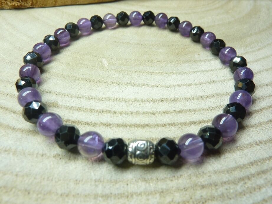 Bracelet Améthyste-Spinelle noir perles 6 mm