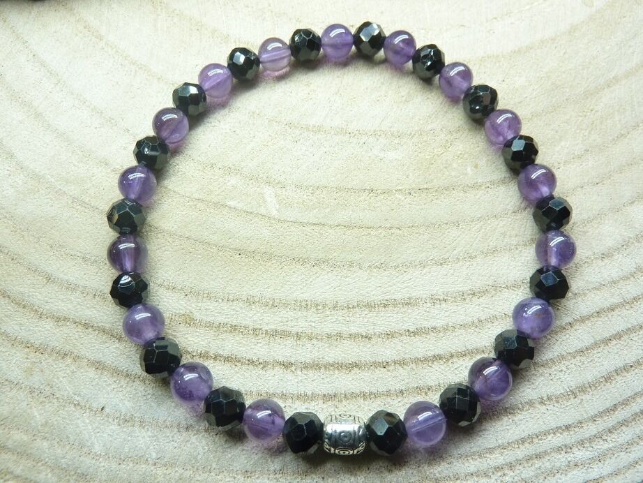 Bracelet Améthyste-Spinelle noir perles 6 mm