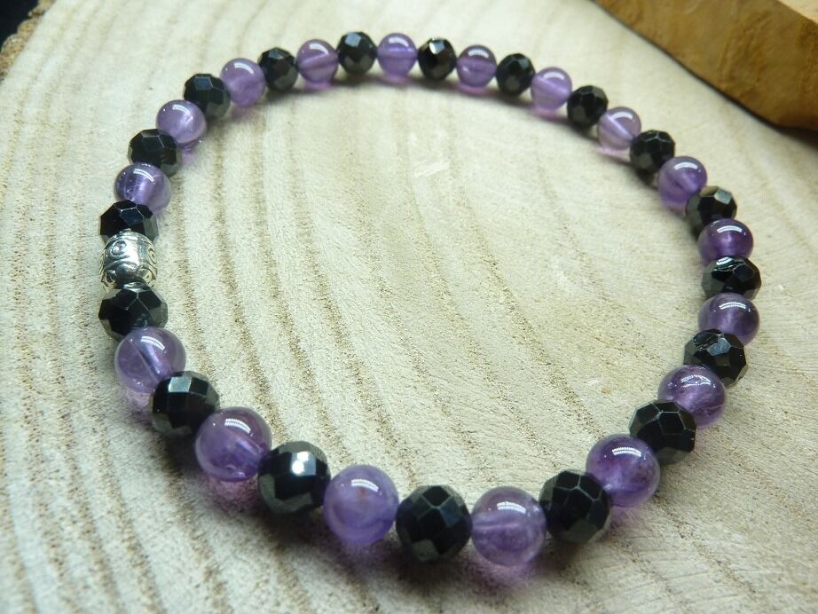 Bracelet Améthyste-Spinelle noir perles 6 mm