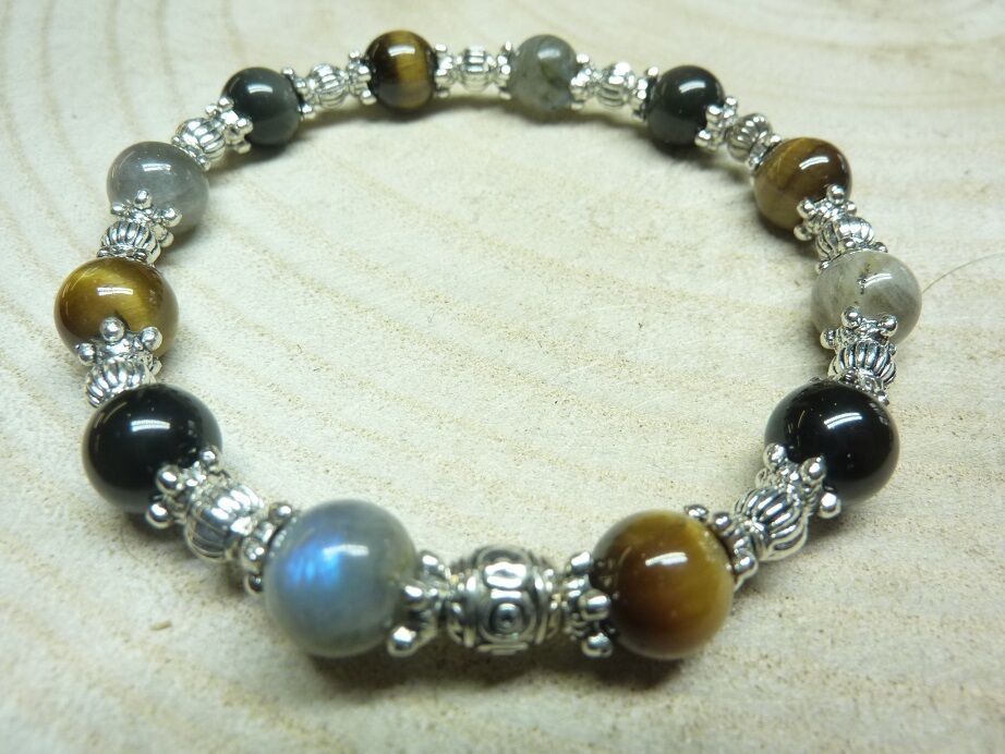 Bracelet Oeil de tigre-Labradorite-Obsidienne oeil celeste - Perles rondes 8 mm