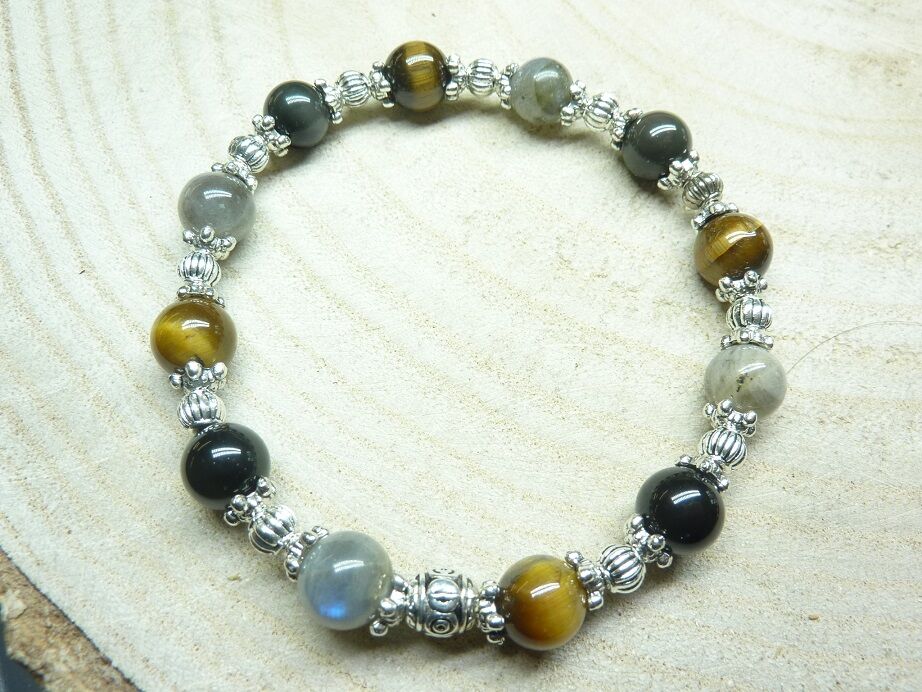 Bracelet Oeil de tigre-Labradorite-Obsidienne oeil celeste - Perles rondes 8 mm