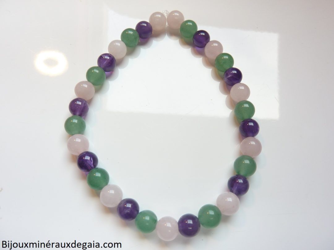 Bracelet Améthyste-Lapis lazuli-Quartz rose-Aventurine verte perles rondes 6 mm