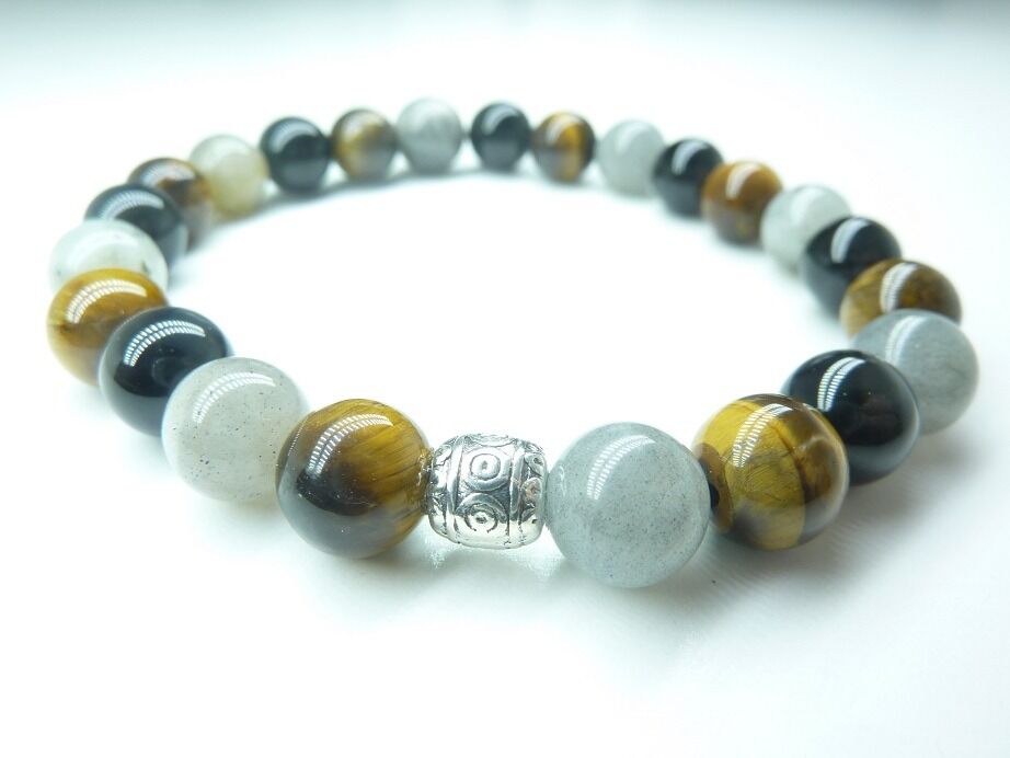Bracelet protection Oeil de tigre-Labradorite-Tourmaline noire-perles rondes 8 mm