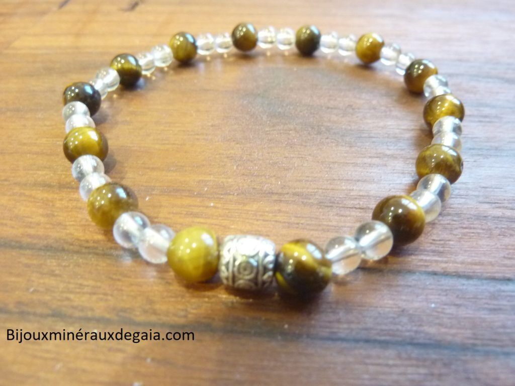 Bracelet quartz cristal de roche-Oeil de tigre-Perles rondes 6-4 mm