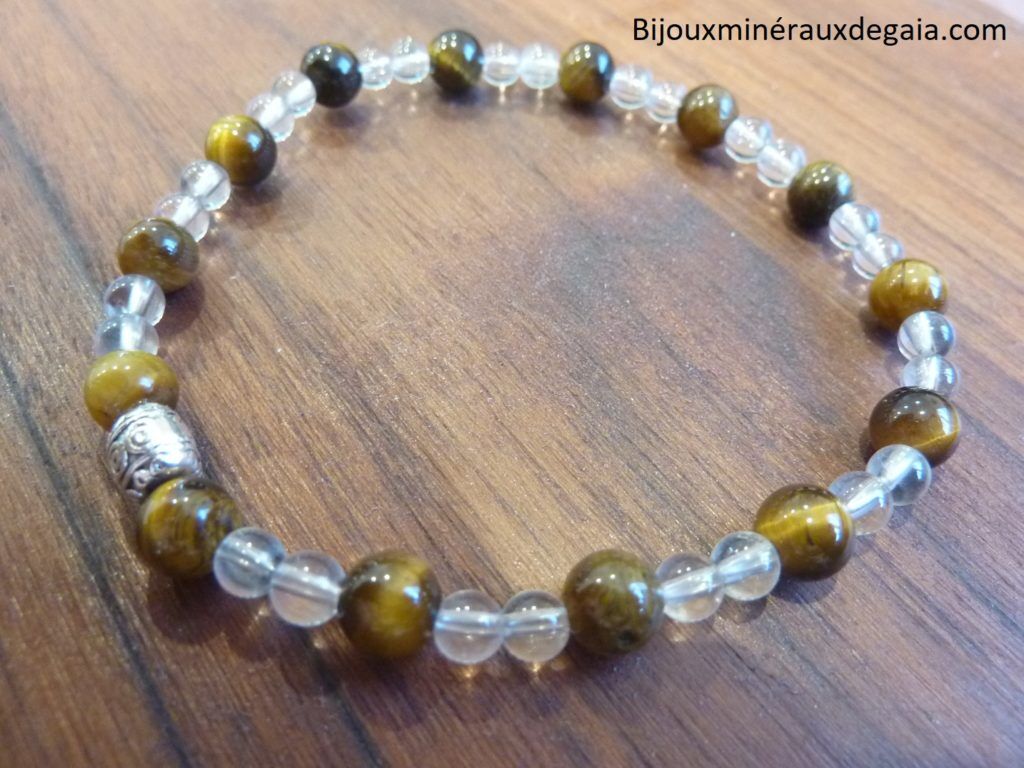 Bracelet quartz cristal de roche-Oeil de tigre-Perles rondes 6-4 mm