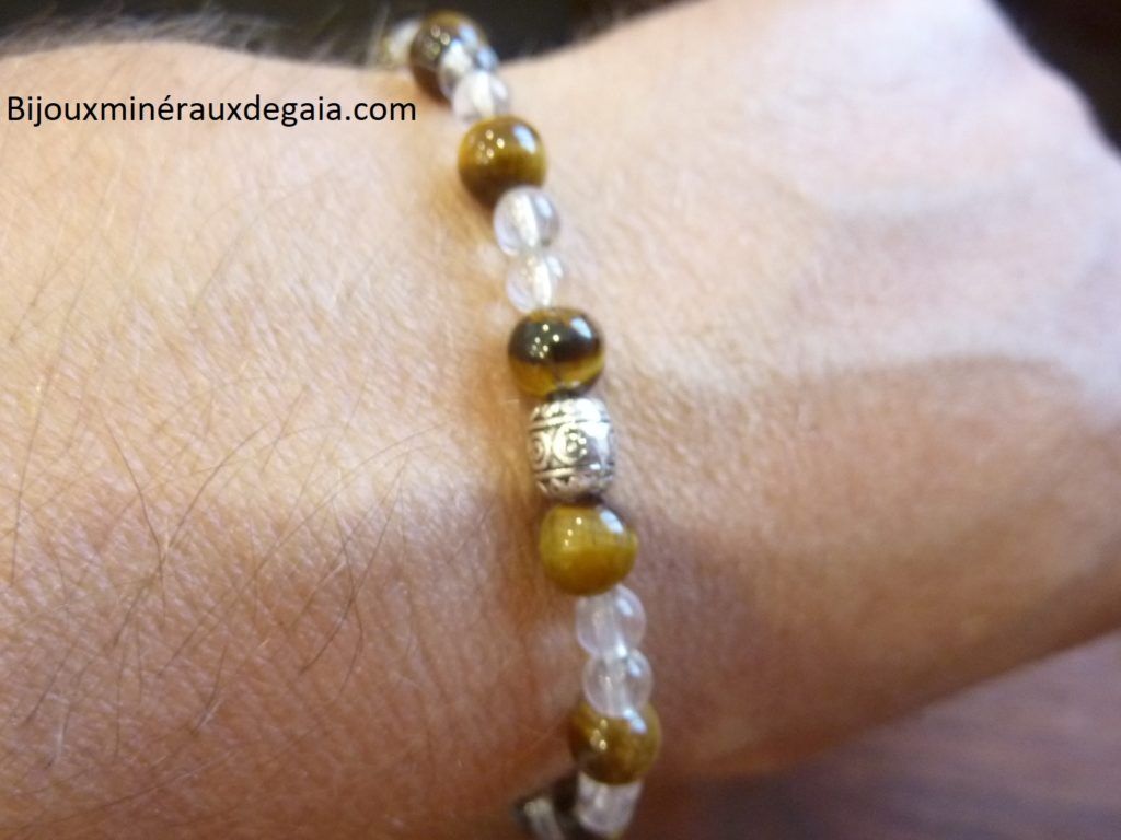 Bracelet quartz cristal de roche-Oeil de tigre-Perles rondes 6-4 mm