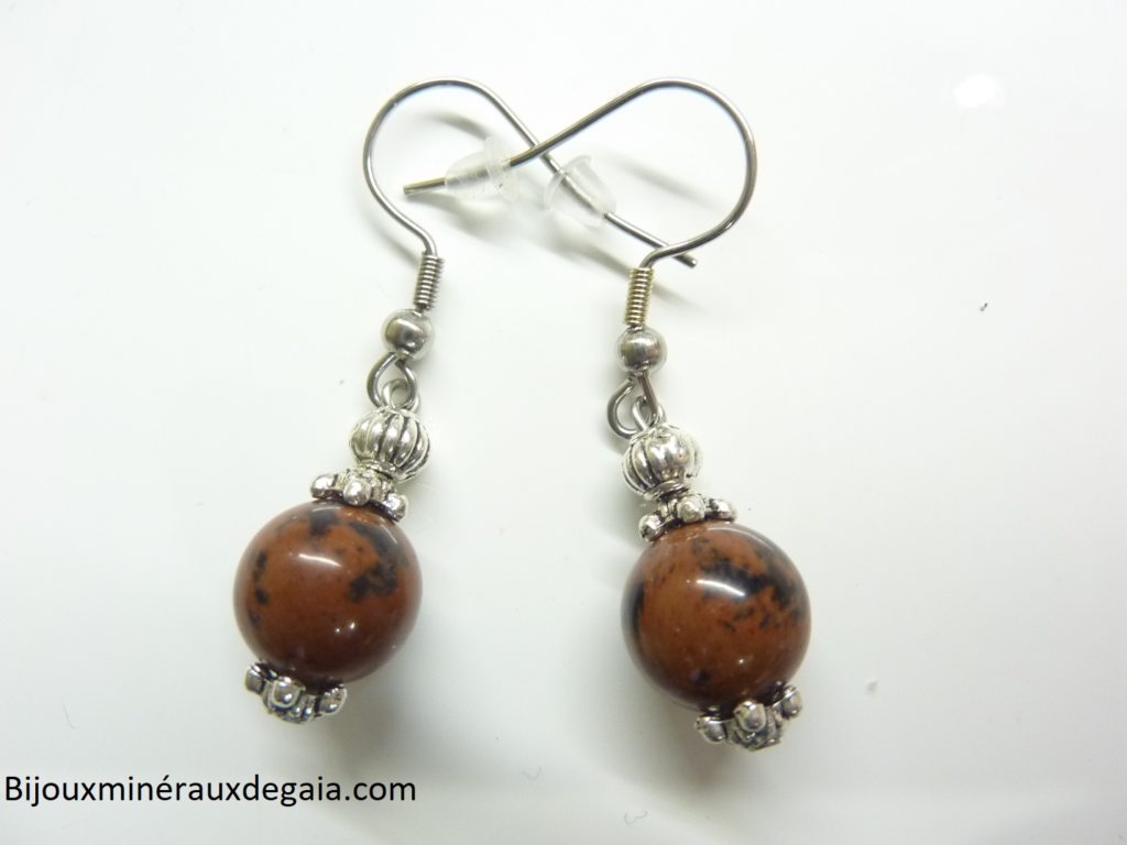 Boucles d'oreilles obsidienne Acajou - perles rondes 10 mm