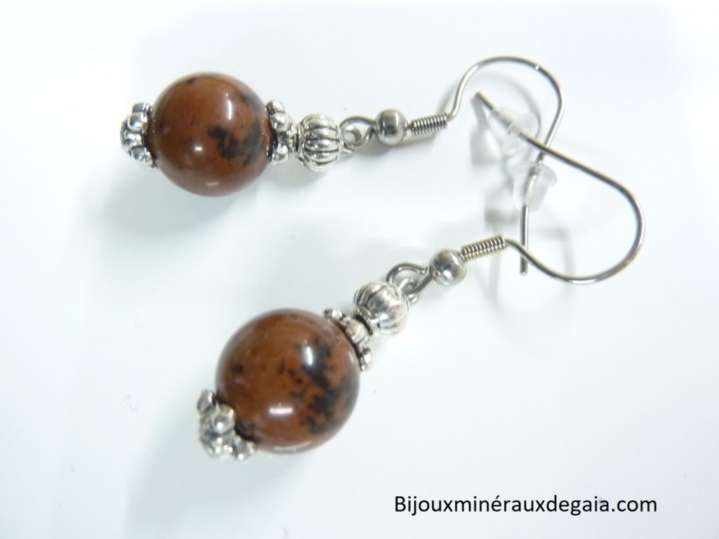 Boucles d'oreilles obsidienne Acajou - perles rondes 10 mm