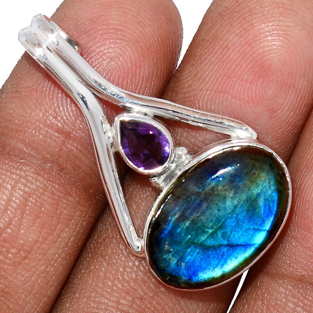 Pendentif labradorite et améthyste monture argent 925 ref 2048