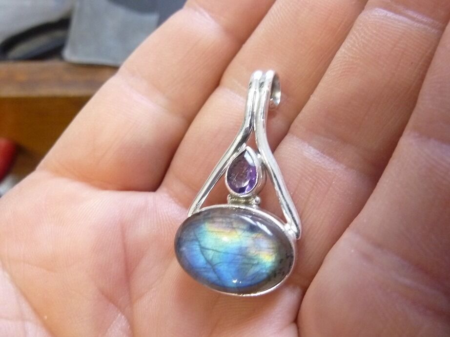 Pendentif labradorite et améthyste monture argent 925 ref 2048
