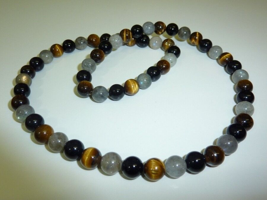 COLLIER PROTECTION EXTREME OEIL DE TIGRE-LABRADORITE-TOURMALINE NOIRE 8 MM