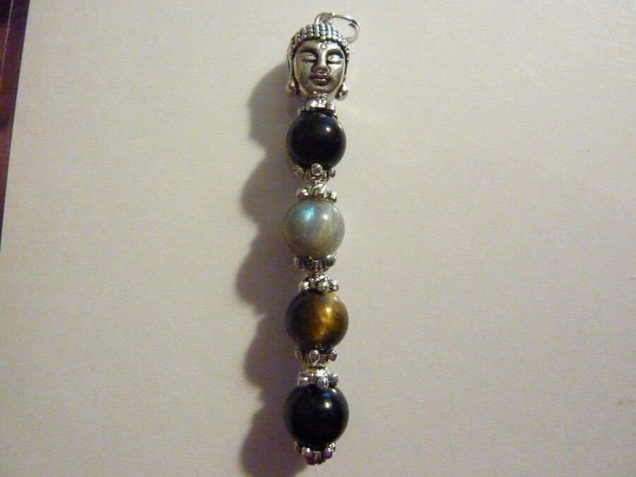 PENDENTIF OEIL DE TIGRE-LABRADORITE-TOURMALINE-SPINELLE NOIRE 8 mm