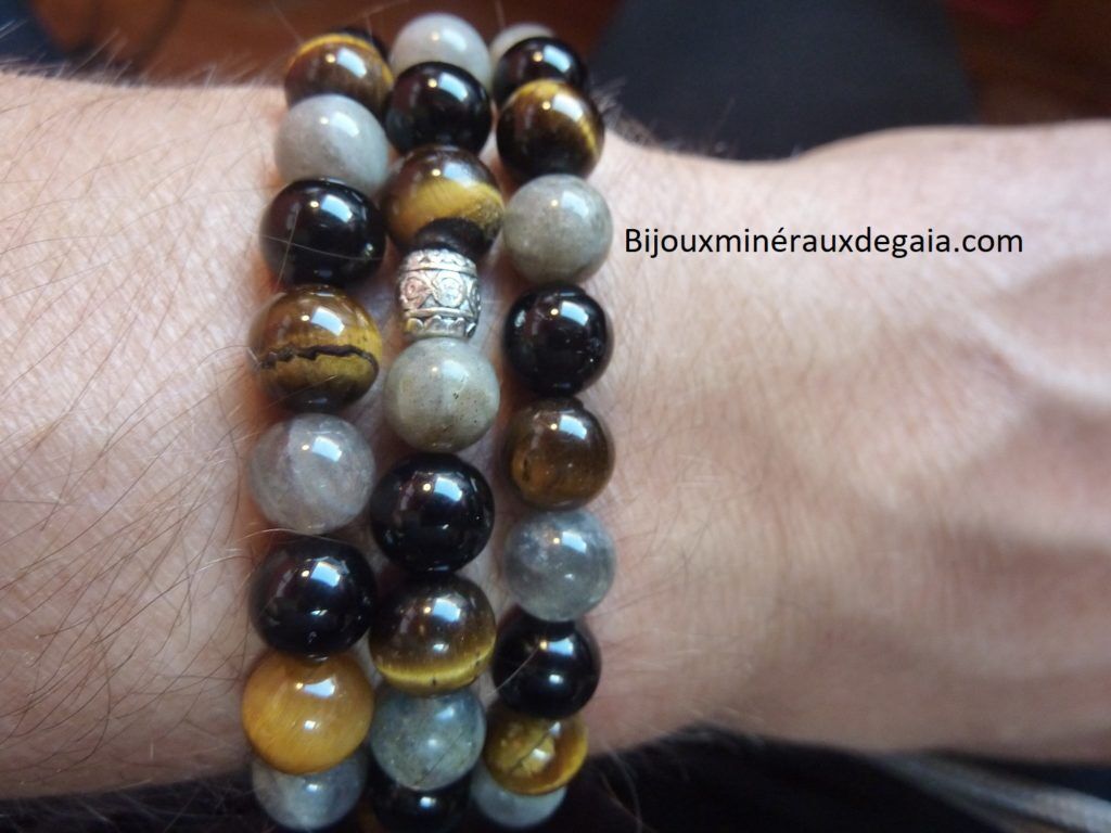 COLLIER PROTECTION EXTREME OEIL DE TIGRE-LABRADORITE-TOURMALINE NOIRE 8 MM