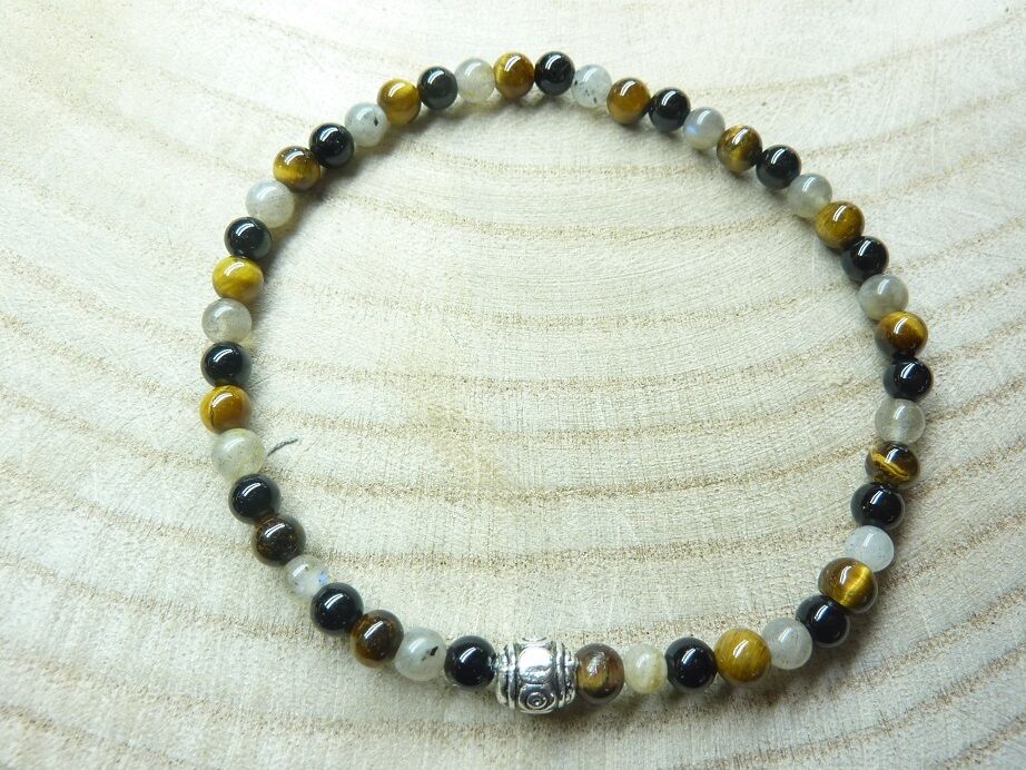 BRACELET OEIL DE TIGRE-LABRADORITE-TOURMALINE NOIRE 4 MM