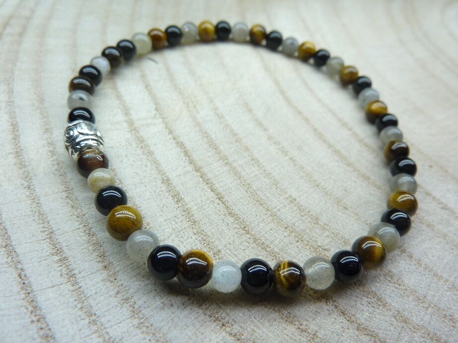 BRACELET OEIL DE TIGRE-LABRADORITE-TOURMALINE NOIRE 4 MM