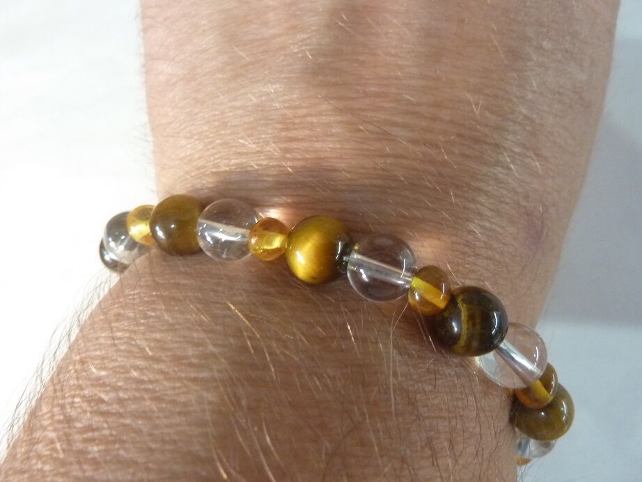 Bracelet Oeil de tigre-Ambre miel-Quartz cristal de roche