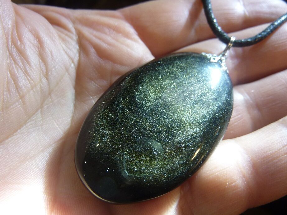 Pendentif Obsidienne dorée + collier cordon en coton cirée 56 cm