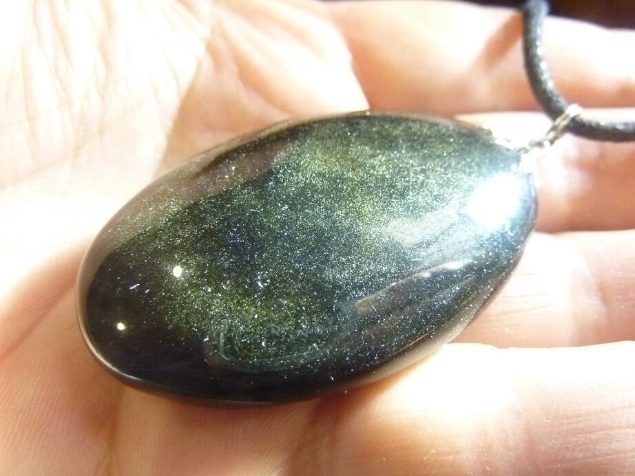 Pendentif Obsidienne dorée + collier cordon en coton cirée 56 cm – Image 3