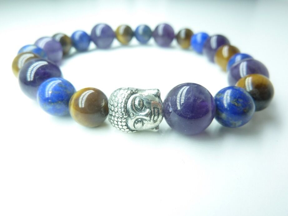BRACELET OEIL DE TIGRE LAPIS LAZULI AMETHYSTE PROTECTION-PAIX