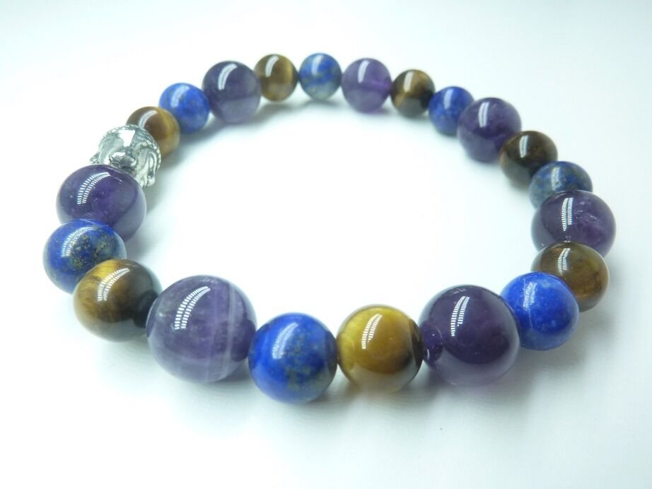 BRACELET OEIL DE TIGRE LAPIS LAZULI AMETHYSTE PROTECTION-PAIX