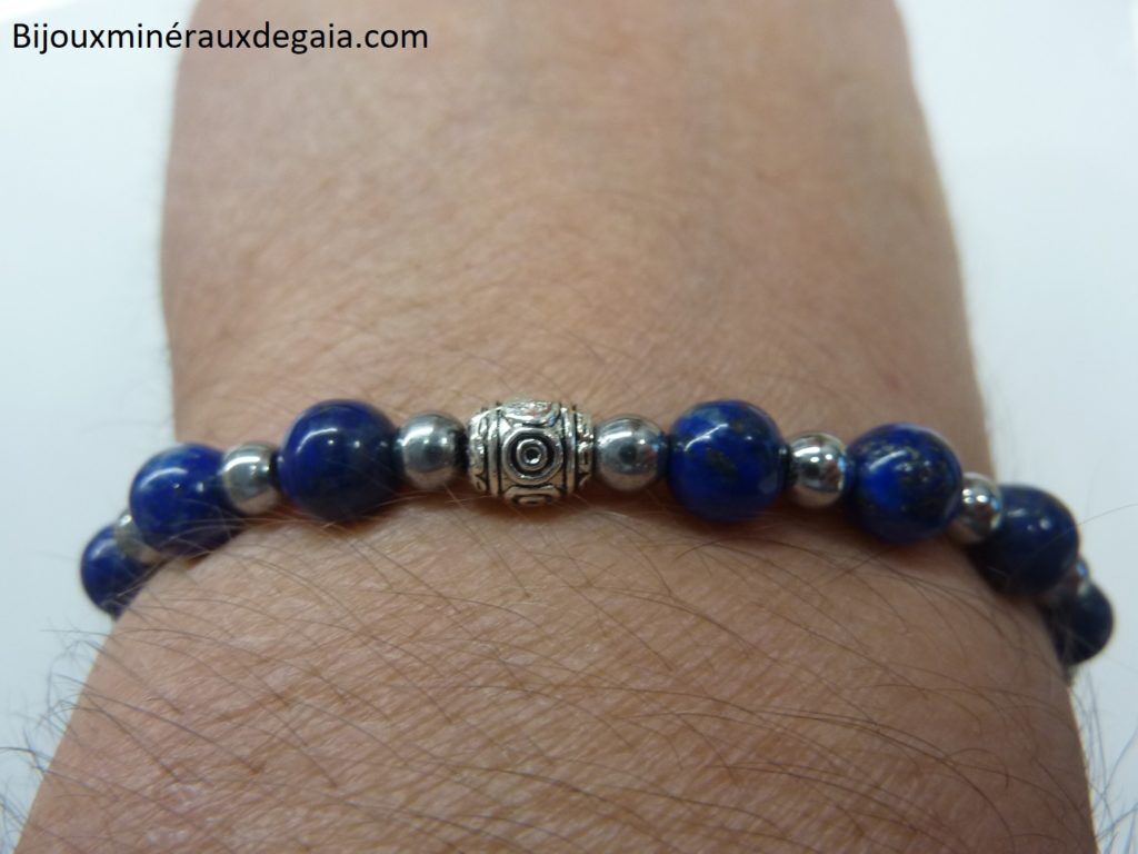 BRACELET LAPIS LAZULI,HEMATITE PERLES RONDES 6-4 MM