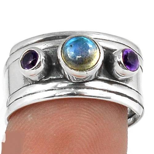 BAGUE LABRADORITE AMETHYSTE MONTURE EN ARGENT 925.TAILLE 56 1/2 REF 0397