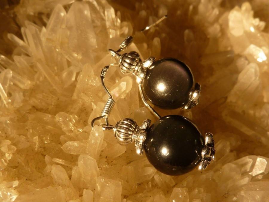 BOUCLES D'OREILLES EN OBSIDIENNE OEIL CELESTE PERLES 10 MM
