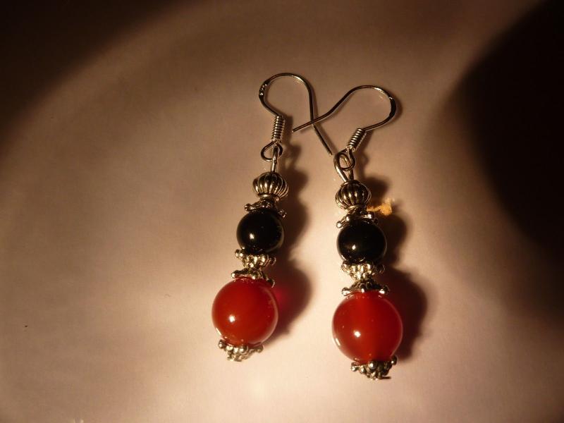 Boucles d'oreilles cornaline tourmaline noire perles rondes 8-6mm et plaqué argent