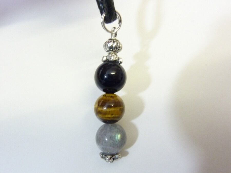 PENDENTIF PROTECTION OEIL DE TIGRE-LABRADORITE-TOURMALINE 8mm