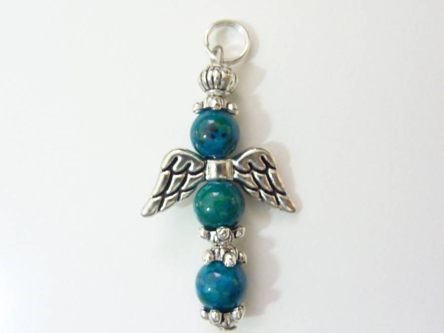 PENDENTIF CROIX ANGE EN AZURITE CHRYSOCOLLE PERLES 6MM
