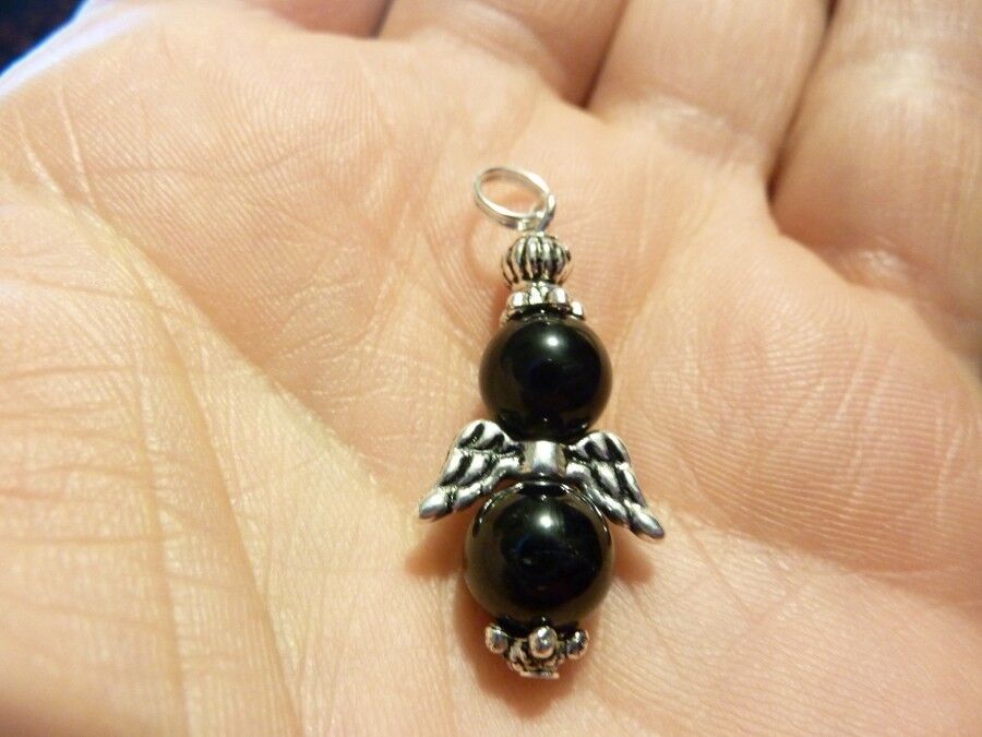 Pendentif Obsidienne oeil céleste-Spinelle noire : perles ronde 8 mm