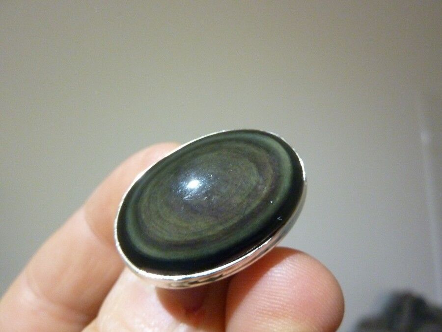 Bague protection obsidienne oeil celeste argent 925 taille 54 ref 9949