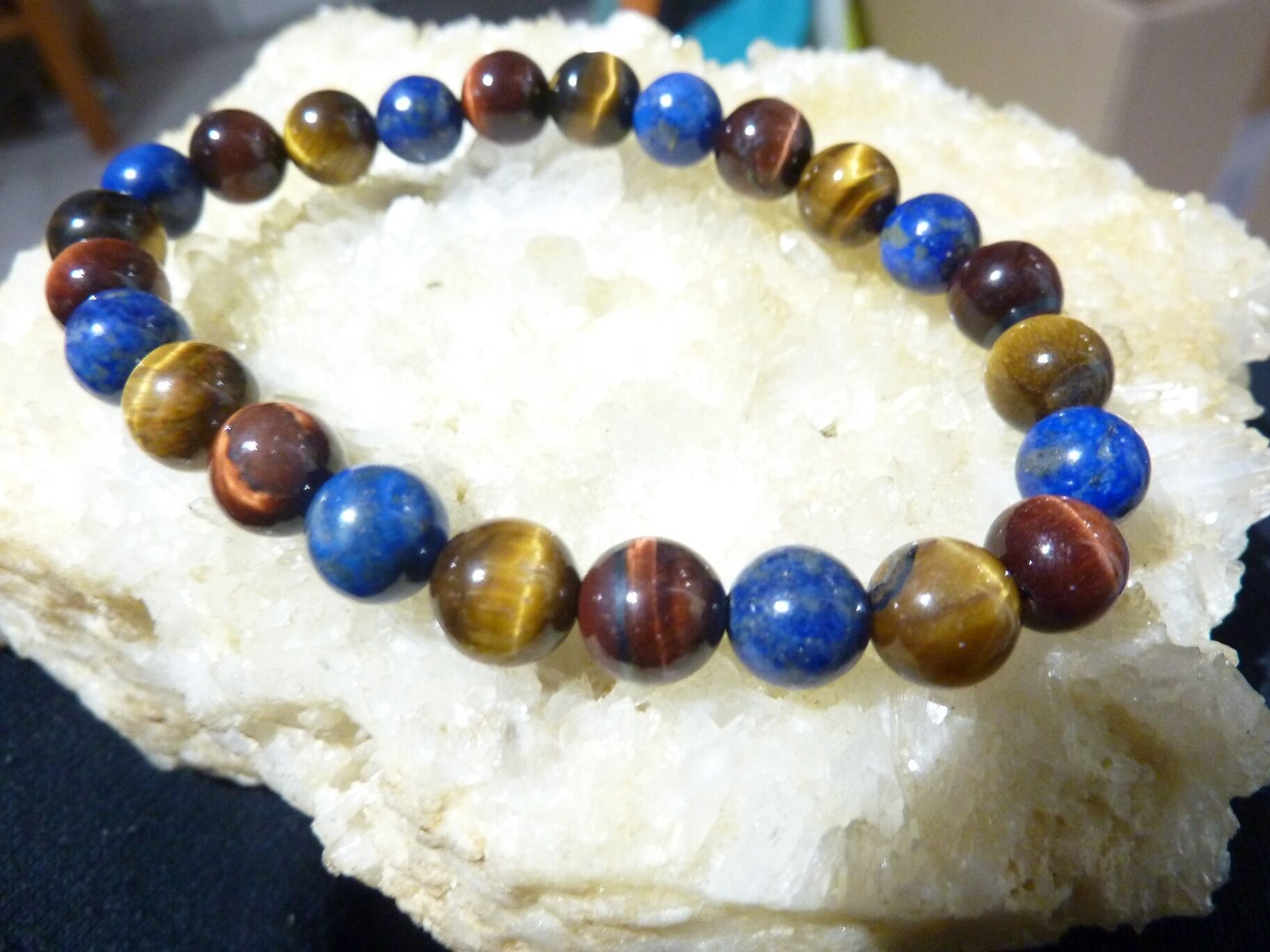 Bracelet oeil de tigre-Taureau-Lapis lazuli perles rondes 8 mm – Image 3