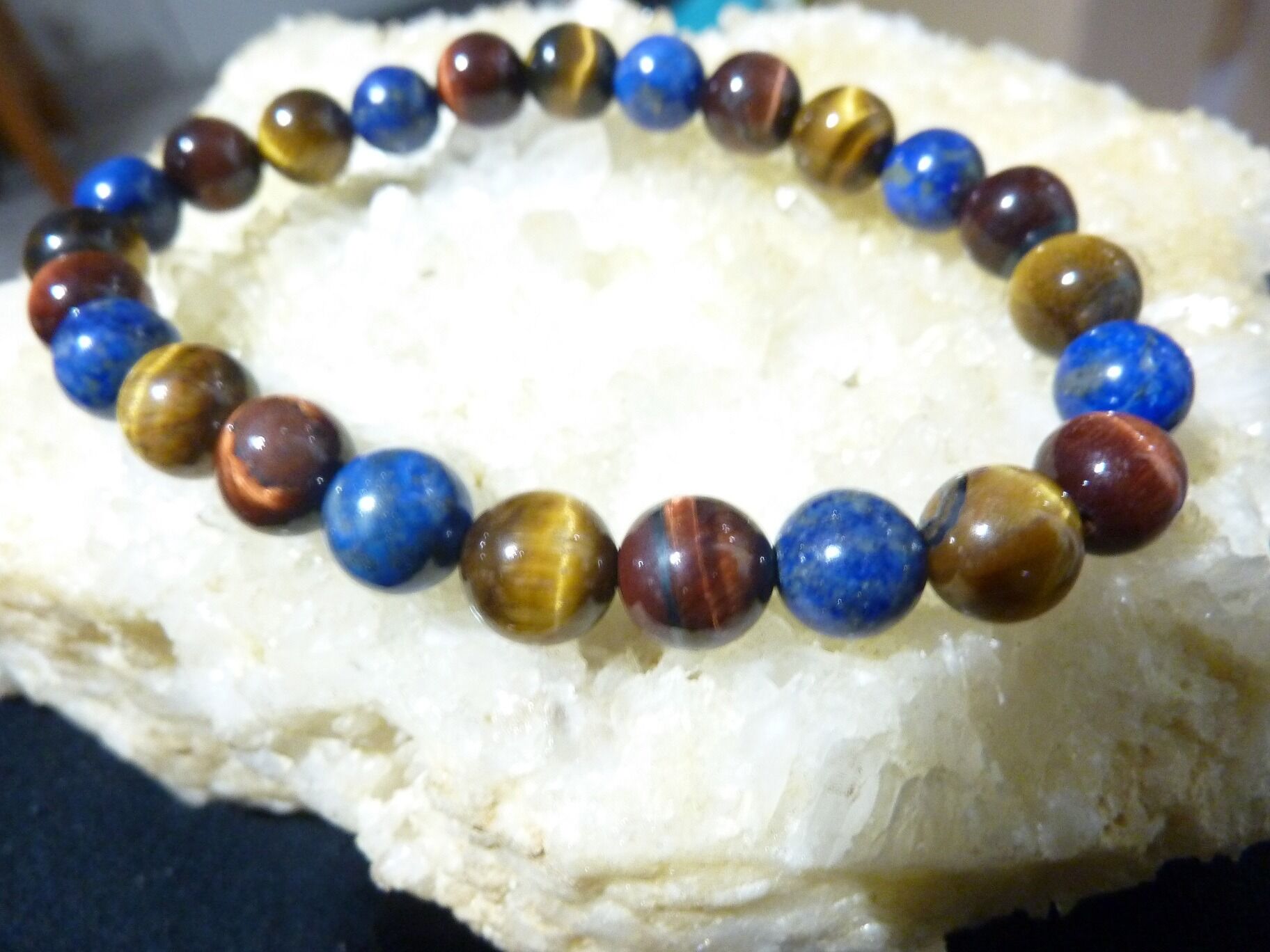 Bracelet oeil de tigre-Taureau-Lapis lazuli perles rondes 8 mm – Image 2